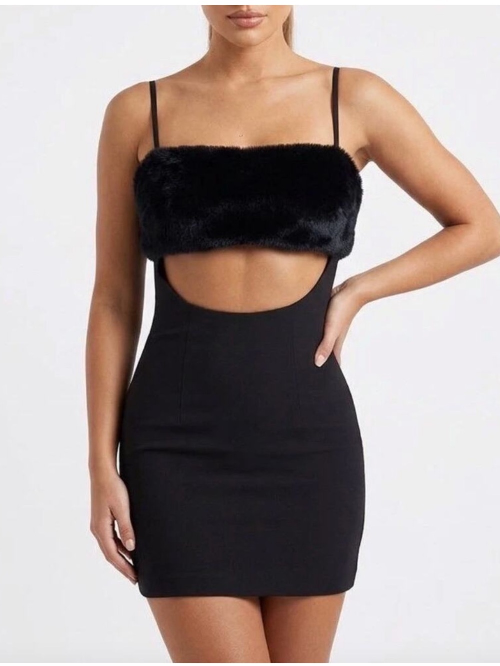 Naked Wardrobe • Women’s Black Faux Fur Cut Out Bodycon Mini Party Dress S NWT